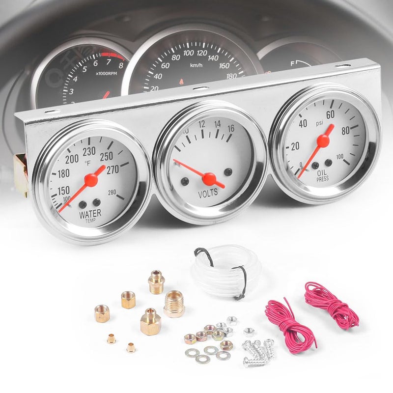 Dyno Racing 2inch 52MM Triple Gauge kit Volt Meter Water Temp Temperature Gauge Oil Press Pressure Gauge Car Meter Triple Gauge Set - Image 1